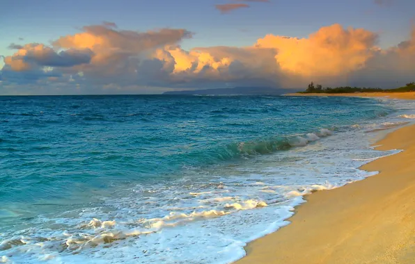 Картинка песок, море, небо, облака, закат, волна, прибой, мыс
