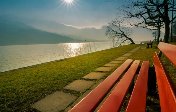 Картинка солнце, горы, парк, Швейцария, скамья, Люцернское озеро, Фирвальдштетское озеро