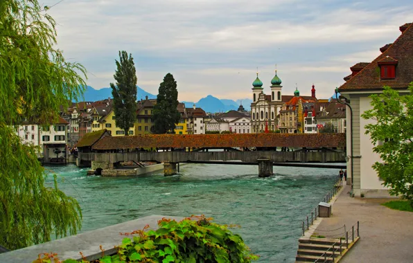 Картинка мост, река, течение, дома, Швейцария, набережная, Luzern