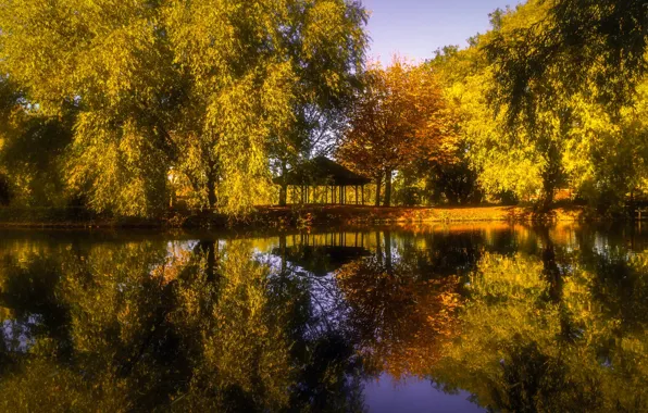 Картинка осень, деревья, парк, отражение, река, Англия, беседка, England, Barnsley, South Yorkshire, Южный Йоркшир, Барнсли, река …