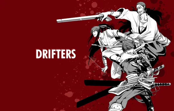 Картинка оружие, аниме, арт, парни, красный фон, мужчины, самураи, Drifters