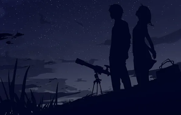 Картинка небо, звезды, облака, ветер, Ночь, сумка, двое, силуэты, телескоп