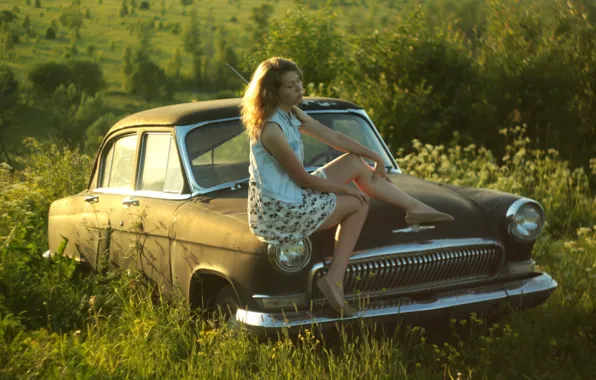Картинка девушка, природа, ретро, фон, настроение, обои, СССР, автомобиль, волга, Volga, Газ 21, Даша Мороз