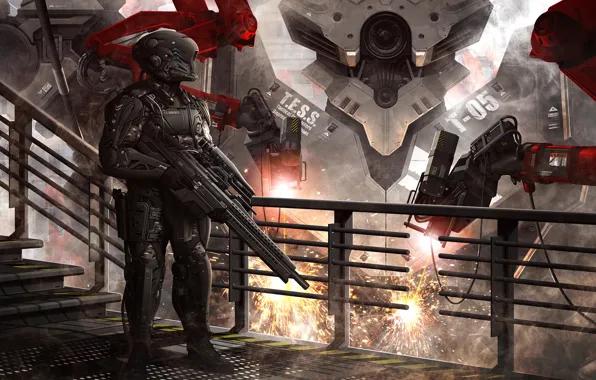 Картинка фантастика, человек, робот, солдат, костюм, шлем, броня, sniper rifle