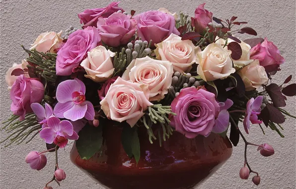 Картинка фиолетовый, цветы, сиреневый, розовый, розы, ваза, лиловый, орхидеи
