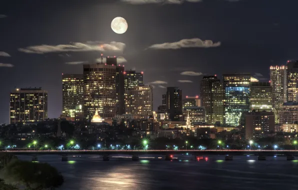 Картинка ночь, луна, здания, Moon, Boston