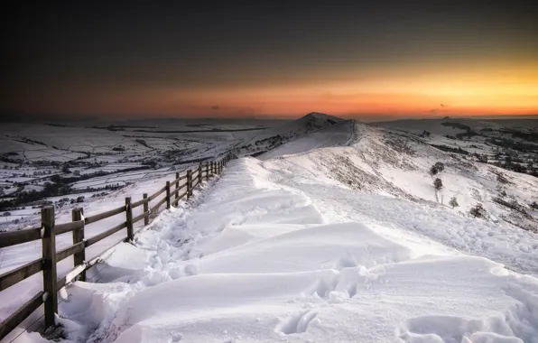 Картинка зима, снег, пейзаж, ночь, забор