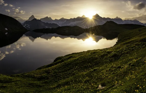 Картинка закат, горы, озеро, Швейцария, Альпы, панорама, Switzerland, Alps, перевал, Большой Сен-Бернар, Great Saint Bernard Pass, …