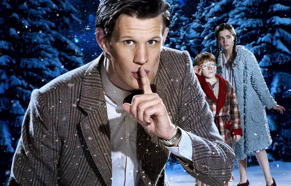 Картинка зима, небо, взгляд, снег, дети, елки, рождество, мальчик, девочка, актер, мужчина, christmas, пиджак, Doctor Who, …