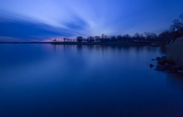 Картинка небо, деревья, закат, озеро, берег, вечер, Лес, сумерки, синее