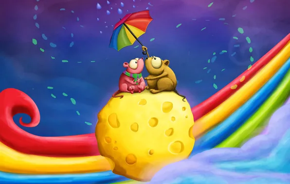 Картинка зонтик, радуга, сыр, пара, двое, свидание, мышки