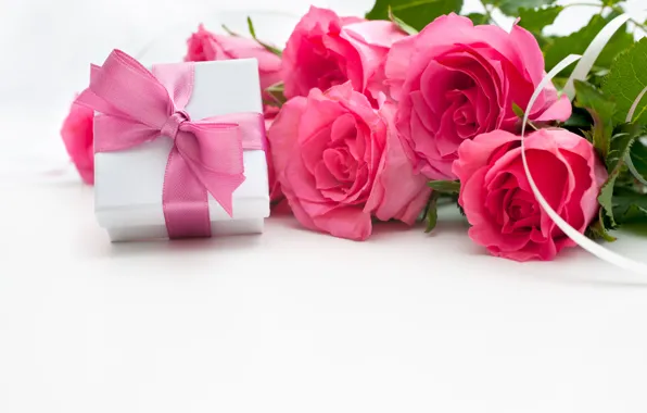Картинка коробка, подарок, розы, букет, лента, розовые, бант, Valentine`s day, gift, bow, день Святого Валентина
