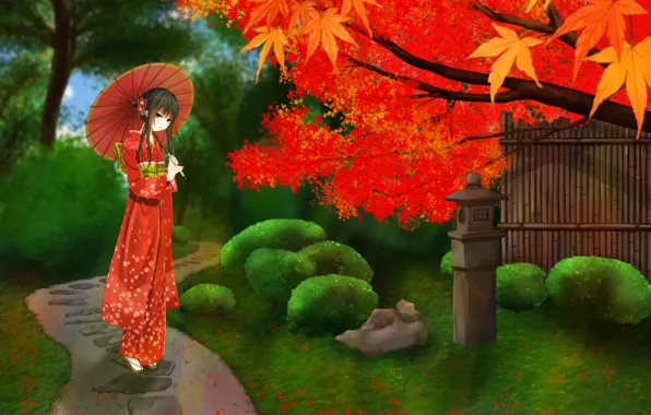 Картинка взгляд, девушка, листва, зонт, румянец, клён, кимоно, тропинка, art, kurokami