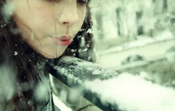 Картинка зима, девушка, снег, снежинки, дети, настроения, шапка, брюнетка, девочка