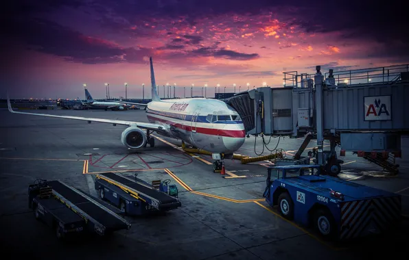 Картинка самолет, рассвет, аэропорт, USA, Chicago, American Airlines