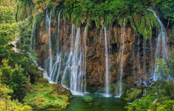 Картинка лес, река, водопад, Хорватия, Croatia, Плитвицкие озёра, Plitvice Lakes National Park, Galovac Waterfall, Водопад Галовачки