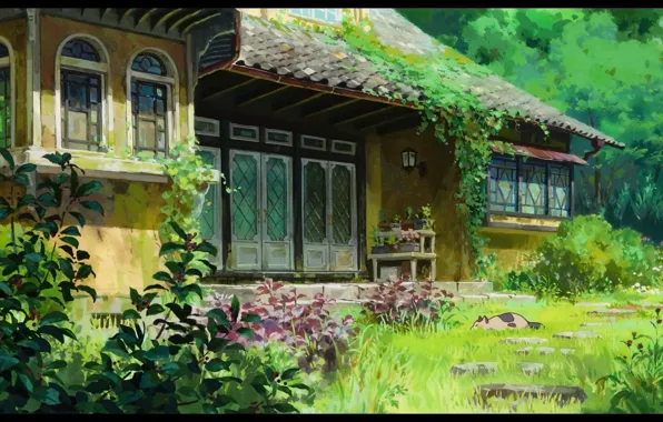 Картинка зелень, кошка, листья, дом, растения, Хаяо Миядзаки, Ариэтти из страны лилипутов