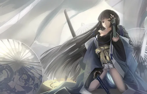 Картинка девушка, меч, арт, зонты, длинные волосы, kikivi