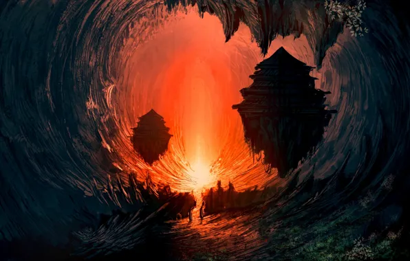 Картинка свет, пейзаж, огонь, пещера, научная фантастика