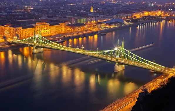 Картинка ночь, мост, огни, река, панорама, Венгрия, Будапешт, Дунай