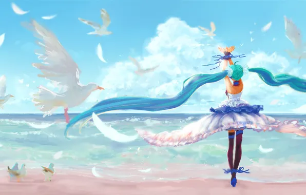 Картинка небо, девушка, облака, пейзаж, птицы, океан, берег, аниме, арт, vocaloid, hatsune miku, 7th dragon 2020, …