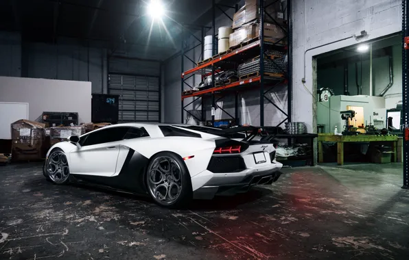 Картинка Lamborghini, White, Matte, Tuning, LP700-4, Aventador, Supercar, Wheels, Garage, Rear, ADV.1