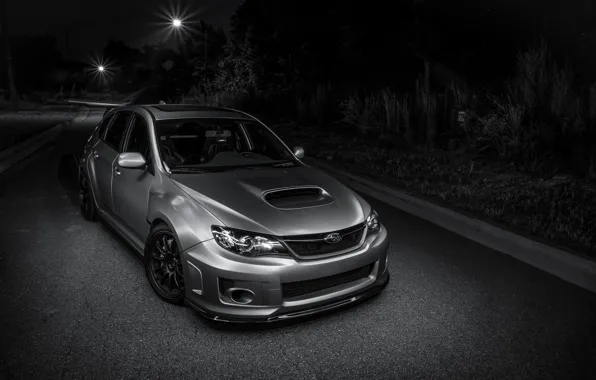 Картинка Subaru, light, silver, road, wrx, impreza, night, front, sti
