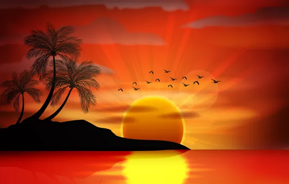 Картинка море, закат, птицы, пальмы, vector, остров, силуэт, sea, sunset, island, paradise, palms, tropical