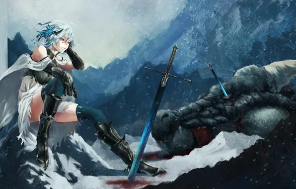 Картинка снег, Аниме, мечи, фетези