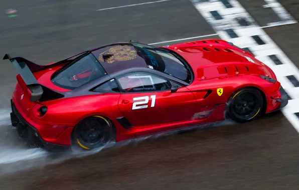 Картинка красный, гонка, Ferrari, red, феррари, трек, 599, rain, race, финиш, back, 599XX evo, finish