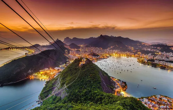 Картинка море, пейзаж, вид, гора, зарево, Бразилия, Рио-де-Жанейро, канатная дорога, Сахарная голова