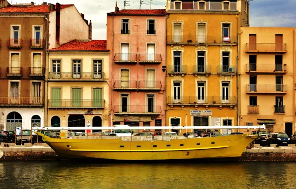Картинка Франция, здания, Море, Желтый, Лодка, France, морской, урбанизм, Sete, Сэт