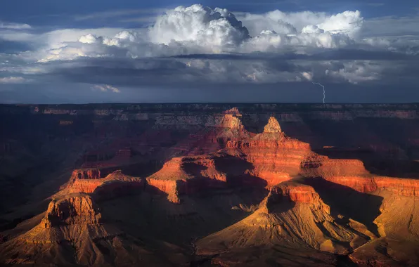 Картинка небо, облака, горы, скалы, молния, пустыня, США, Grand Canyon, штат Аризона, Национальный парк Гранд-Каньон