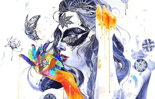 Картинка девушка, цветы, абстракция, движение, узоры, бабочка, краски, пальцы, GrenoMJ