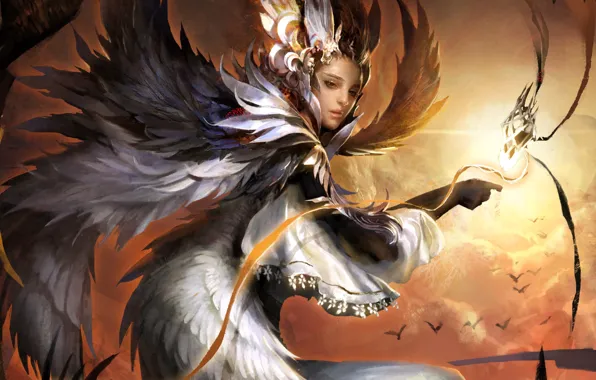Картинка девушка, облака, птицы, магия, крылья, арт, legend of cryptids
