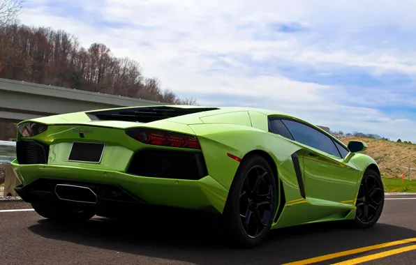 Картинка дорога, небо, зелёный, задок, LP700-4, авентадор, Lamborghini Aventador