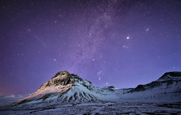 Картинка небо, звезды, снег, горы, ночь, Млечный Путь, Исландия, сиреневое