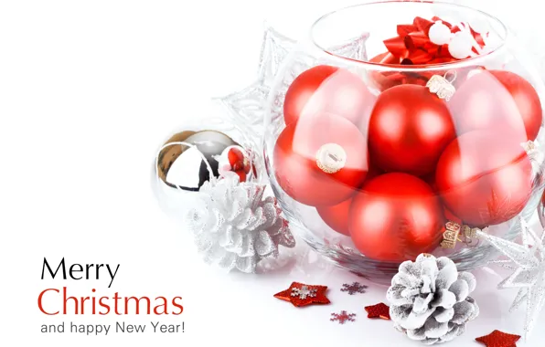 Картинка праздник, шары, игрушки, Новый Год, Рождество, красные, Christmas, шишки, поздравление, New Year, елочные