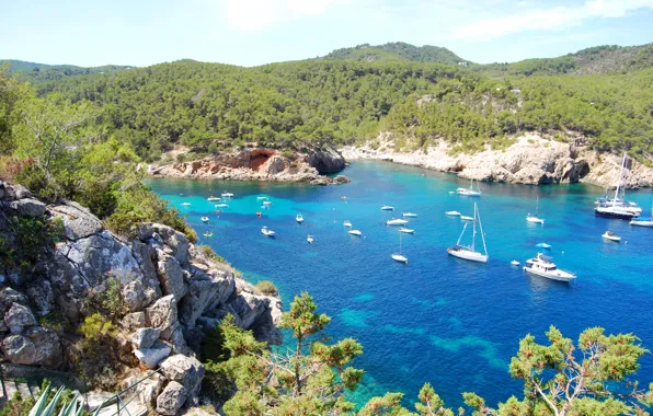 Картинка бухта, яхты, Ибица, panoramas of Ibiza, San Miguel de Balansat