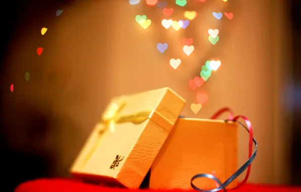 Картинка фон, праздник, коробка, подарок, обои, новый год, рождество, размытие, лента, сердечки, wallpaper, new year, широкоформатные, …