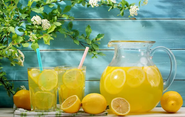 Картинка лето, цветы, напиток, fresh, лимоны, лимонад, lemons, lemonade