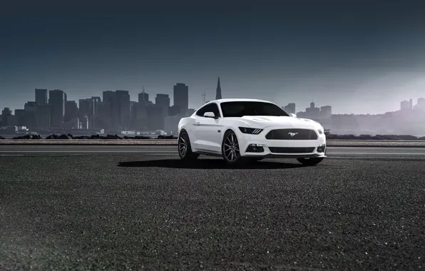 Картинка Mustang, Ford, Muscle, Car, Front, White, Vossen, Wheels, 2015