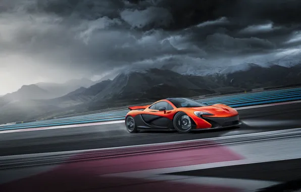 Картинка McLaren, Orange, Clouds, Supercar, Track, Skid, Drifting