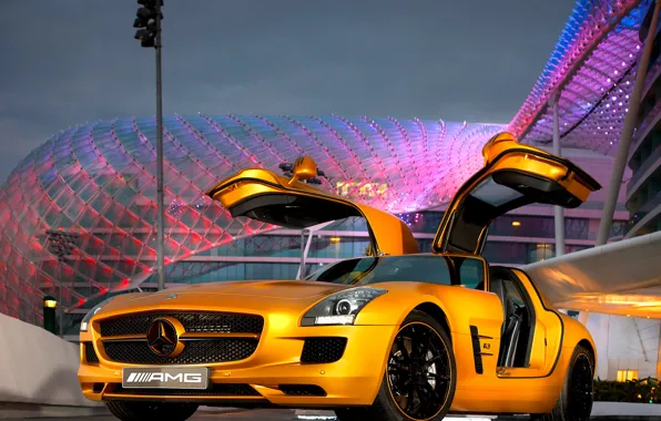 Картинка Mercedes-Benz, золотой, AMG, SLS, двери «крылья чайки»