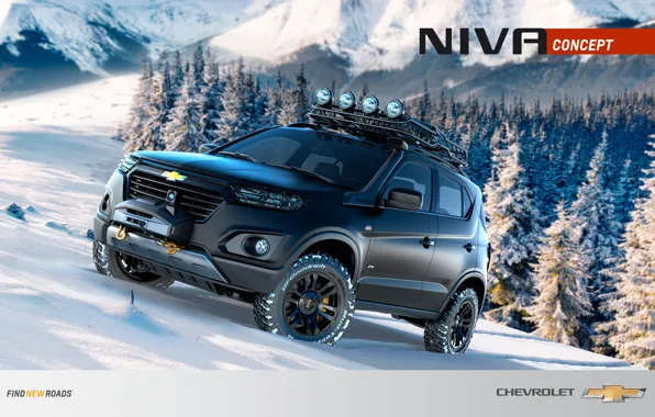Картинка лес, снег, горы, Wallpaper, Chevrolet Niva Concept, Niva Concept
