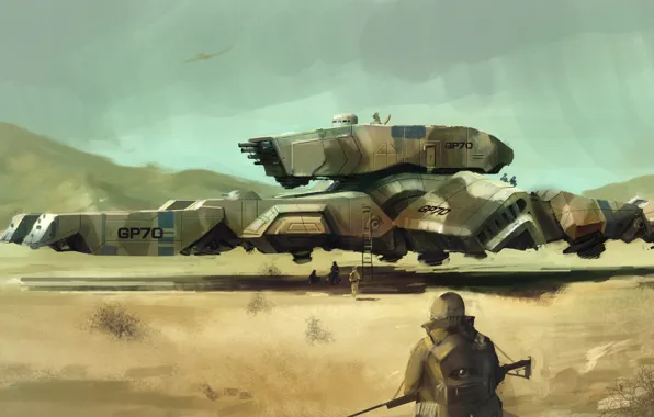 Картинка оружие, пустыня, корабль, техника, солдаты