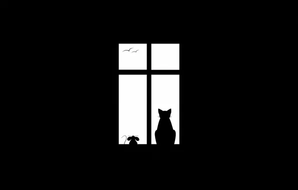 Картинка кот, птицы, минимализм, мышь, окно, друзья, Friendship