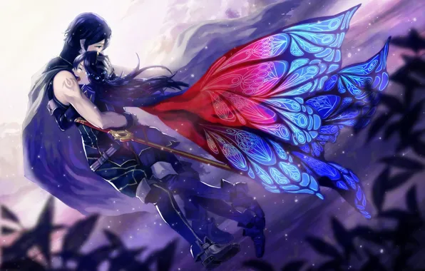 Картинка девушка, оружие, крылья, меч, аниме, слезы, арт, объятия, парень, fire emblem, krom, lucina