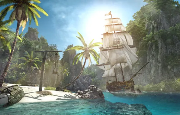 Картинка пляж, берег, корабль, остров, Assassin's Creed IV: Black Flag