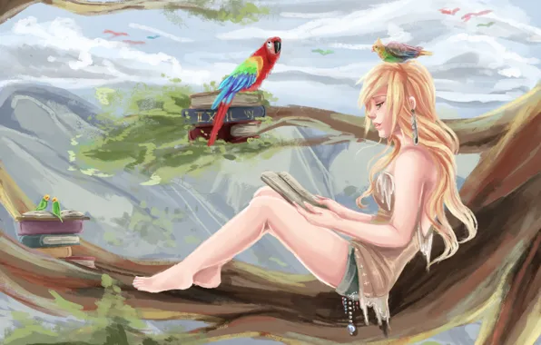 Картинка девушка, птицы, дерево, листва, книги, ветка, попугай